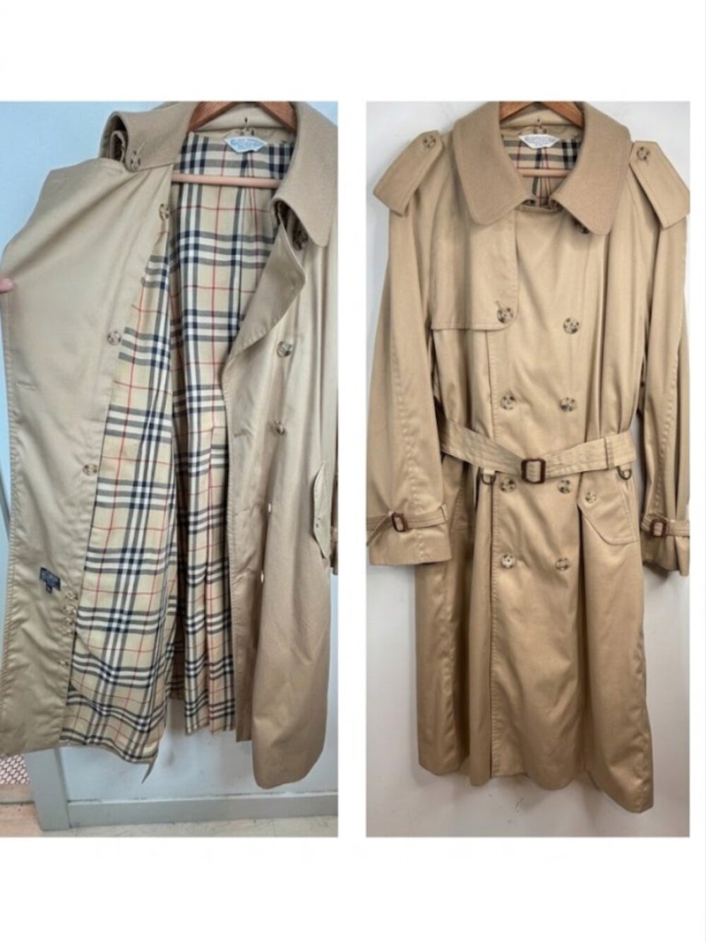 VTG Burberry Trench Coat 44R Beige Double Breasted Nova Check Belt Wool Collar